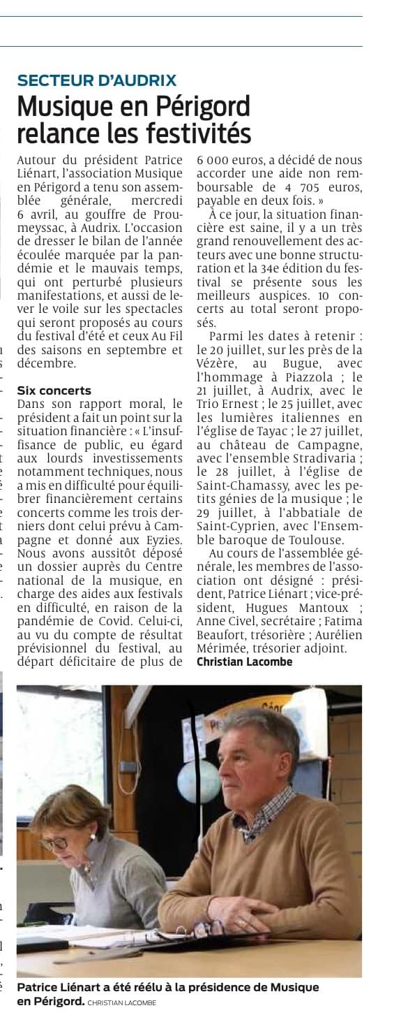 Article on the GA of Musique en Périgord in 2022